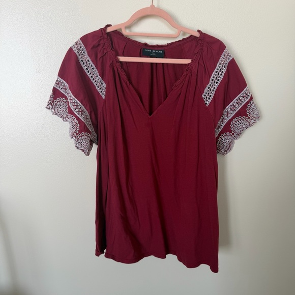 Lane Bryant Tops - LANE BRYANT Maroon & White Eyelet Detail Short Sleeve Tee Blouse